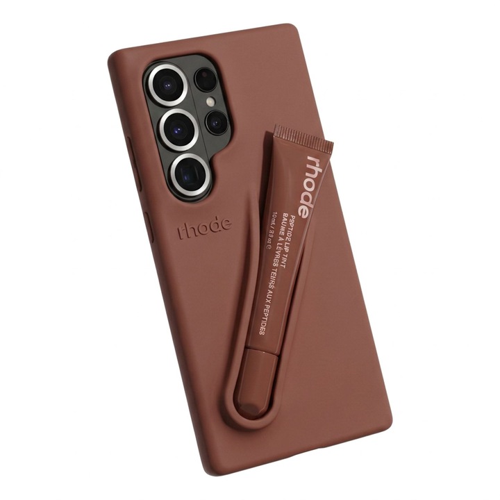 Husa pentru Samsung S26 Ultra, Silicon Premium, cu Suport pentru Ruj, include Luciu de Buze 10ml, Protectie Camera, Anti-Soc, Ciocolatiu