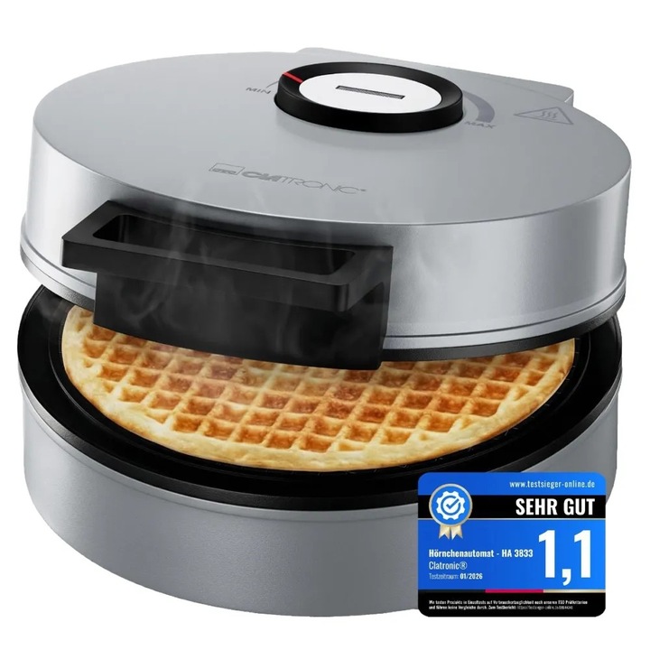 Aparat de vafe/conuri inghetata Clatronic, preparare in doar cateva minute, placi antiaderente Ø 20 cm, comutator grad de rumenire, maner izolat termic, indicatoare LED, protectie supraincalzire, forma pentru conuri inclusa, picioruse antiaderente, inox