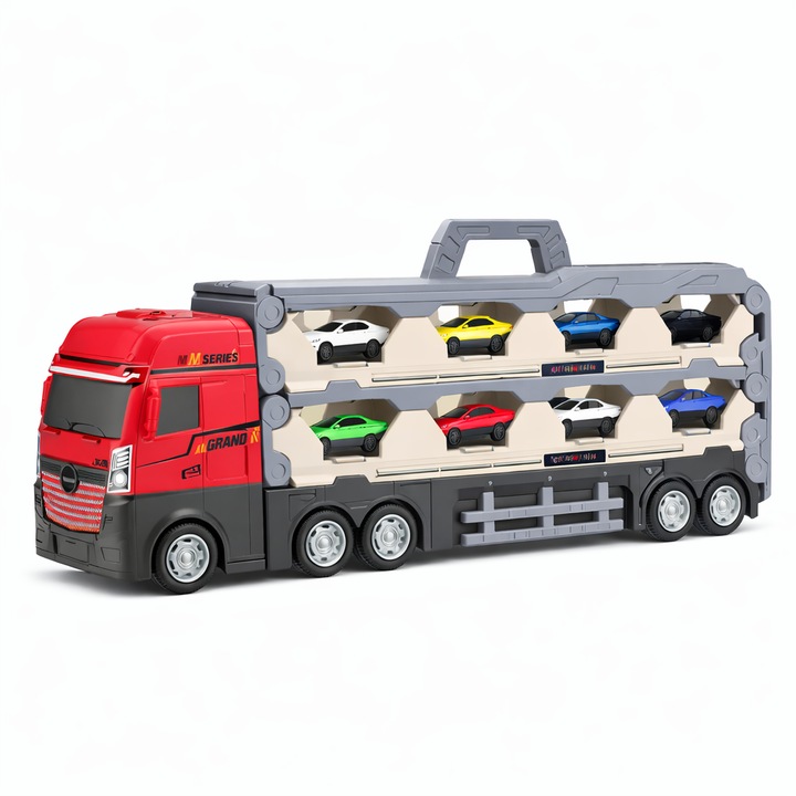 Camion transportor masinute cu pista extensibila 2.07 m, Transformable Catapult Truck, lansator masini, depozitare auto, 6 masinute incluse, 3+ ani