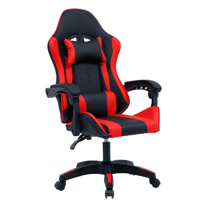 Scaun de gaming ergonomic, piele ecologică, negru-roșu