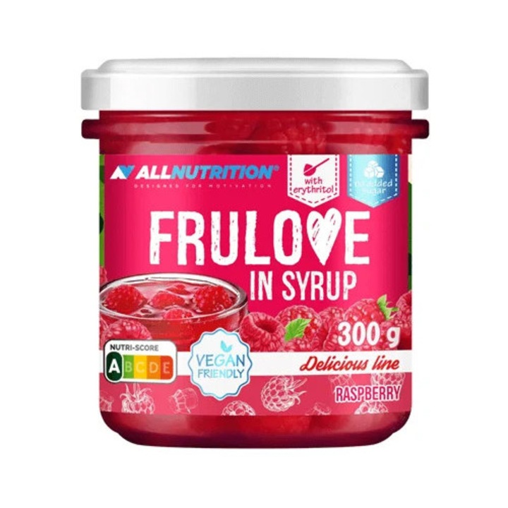 Allnutrition FRULOVE Zmeura in Sirop, 300g, sirop natural fara zahar adaugat, fara gluten, fara lactoza, indulcit cu eritritol, fructe adevarate in sirop dulce