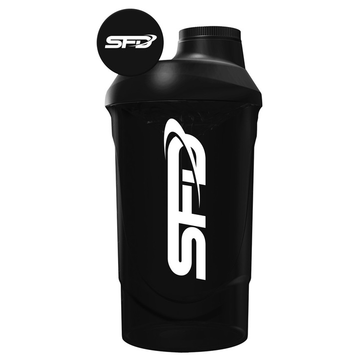 Shaker SFD Wave, 600 ml, design modern cu sita interna pentru mixare eficienta, material plastic non-toxic, BPA-free, culoare neagra, pentru antrenamente si smoothie-uri