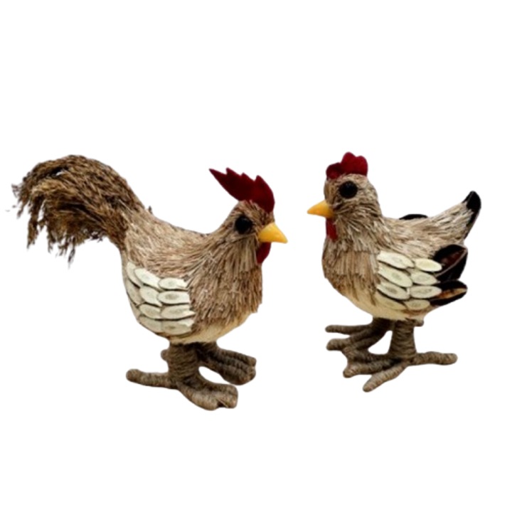 Accesoriu decorativ de Paști, Cocoș și găină, Lucrat manual, Materiale naturale, 16x12 cm