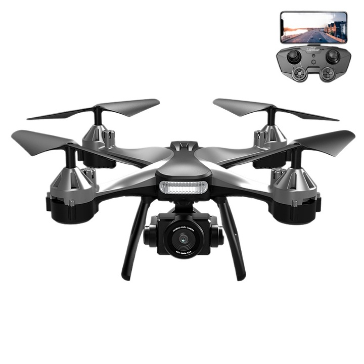 Drona 4K cu camera duala, cu pozitionare optica pentru zbor stationar, revenire la punctul de plecare cu o singura atingere, capacitate de rotire la 360° si lumini LED de navigatie nocturna, negru