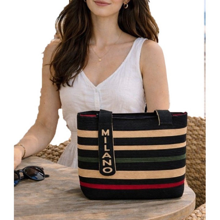 Geanta dama tip shopper, model in dungi negru-bej, poliester, inchidere fermoar, geanta mare casual pentru oras si calatorii, Agrafka unisize