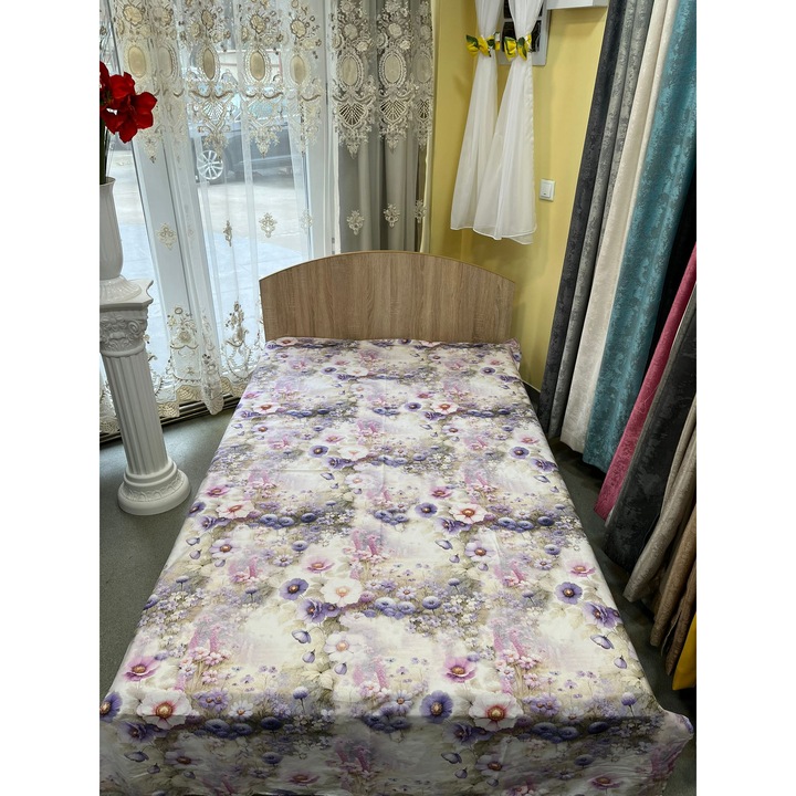 Cearceaf pentru pat king size, material bumbac ranforce 3D, in nuante de violet, din colectia "Camp cu flori" by Liz Line, 250x240cm - CR250303