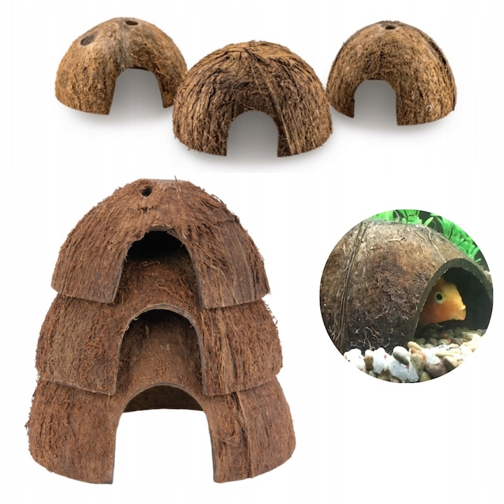 Ascunzatoare acvariu coji de nuca de cocos neslefuite 8-12 cm, set 3 buc