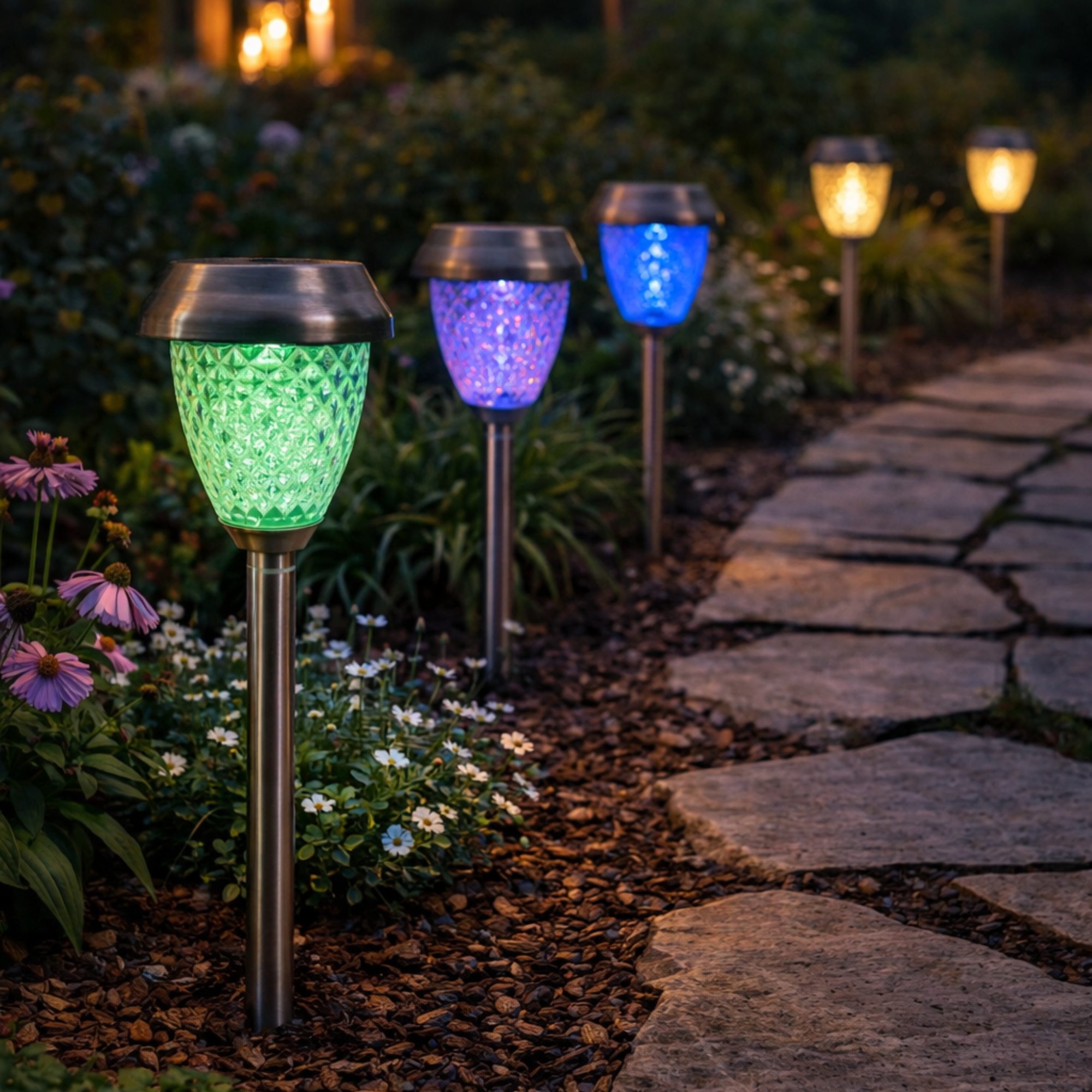 Solare Gradina Set 3 lampi solare gradina LED RGB + lumina calda, inox, cu panou solar ...