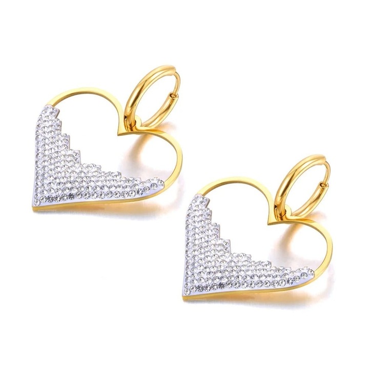 Cercei Eva Grace, aurii, forma de inima, 3.5x3cm, din otel inoxidabil placat cu aur 18K