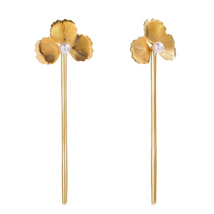Cercei Eva Grace, aurii, lungi, cu perle, 16x5cm