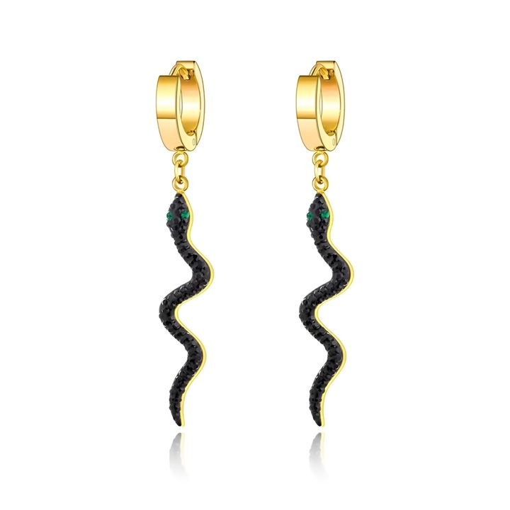 Cercei Eva Grace, lungi, auriu cu negru, forma de sarpe, 5.4x1cm