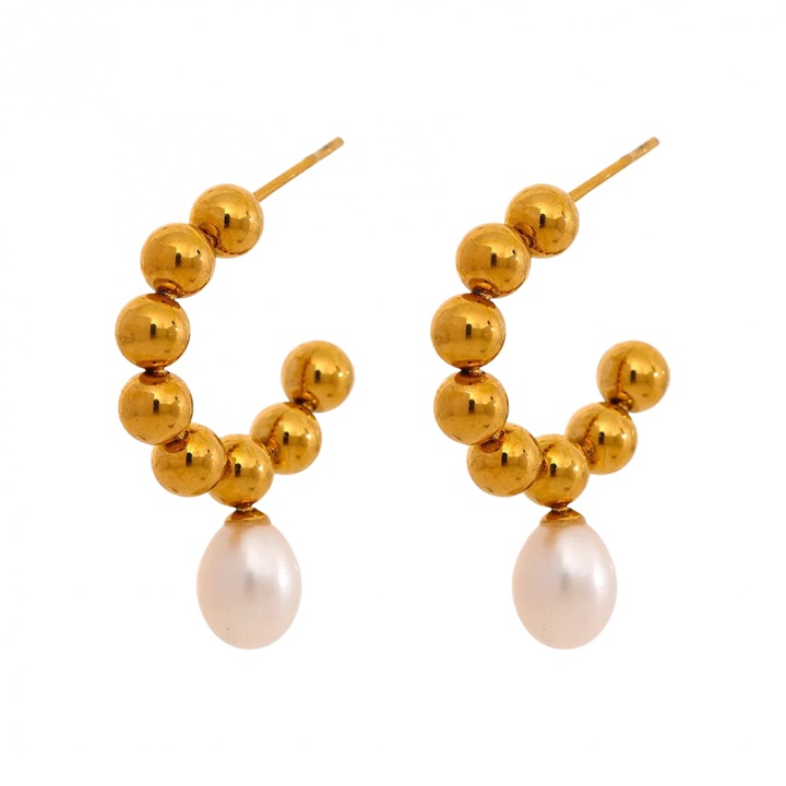 Cercei rotunzi, Eva Grace, aurii, cu perle, 3.2x2.3cm
