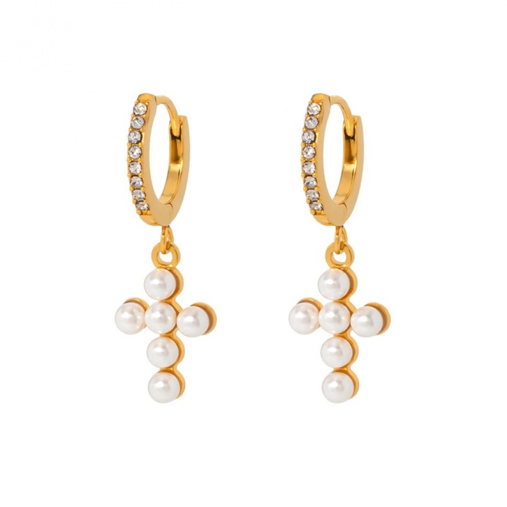 Cercei aurii, Eva Grace, forma de cruce, perle naturale, zirconiu, 2.7x1.4cm
