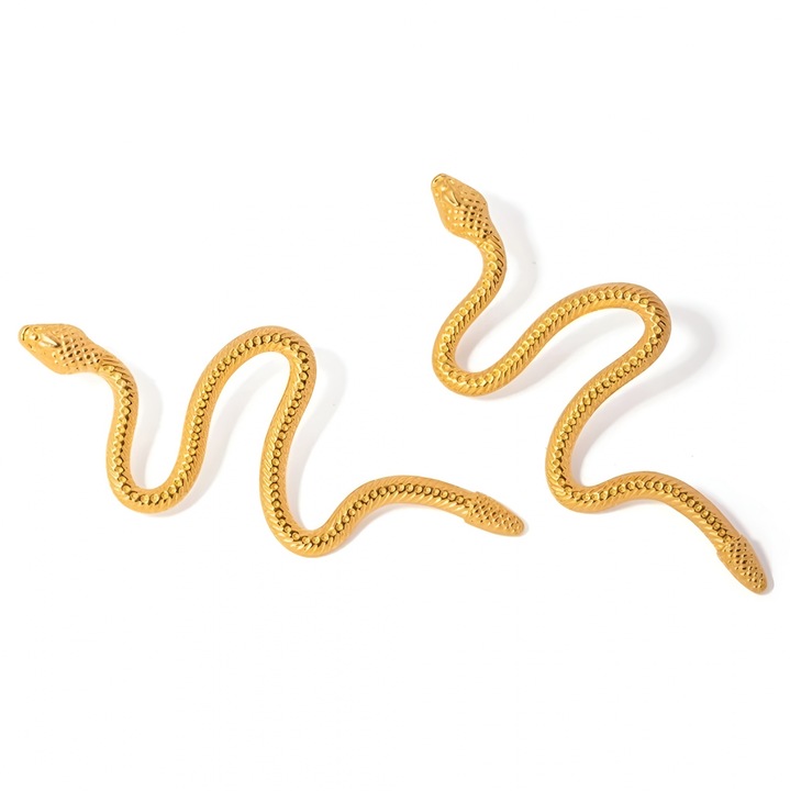 Cercei Eva Grace, aurii, din otel inoxidabil placat cu aur 18K, forma de sarpe, 7.5x3.1cm