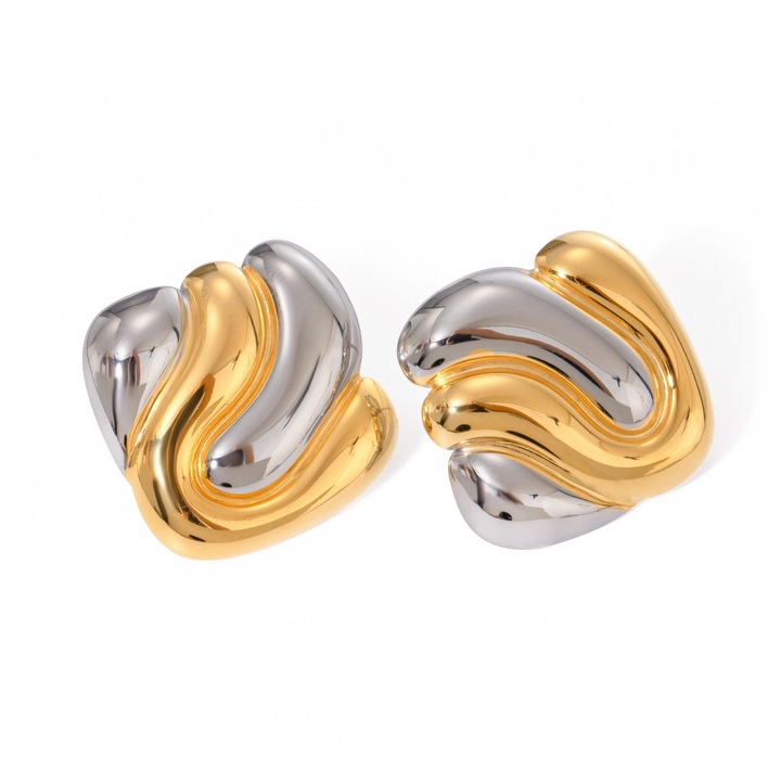 Cercei Eva Grace, patrati, auriu si argintiu, otel inoxidabil, 2.4x2.4cm