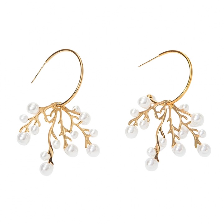 Cercei Eva Grace, aurii, rotunzi, cu perle, 5x3.7cm