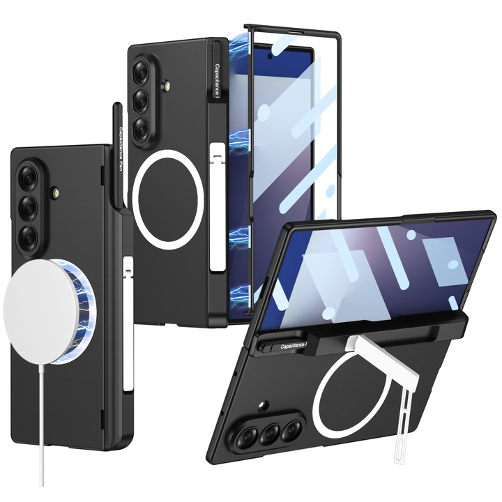 Husa pentru Samsung Galaxy Z Fold 7, MagSafe cu Suport Integrat si Protectie Balamale, Hard Case Agora, Negru