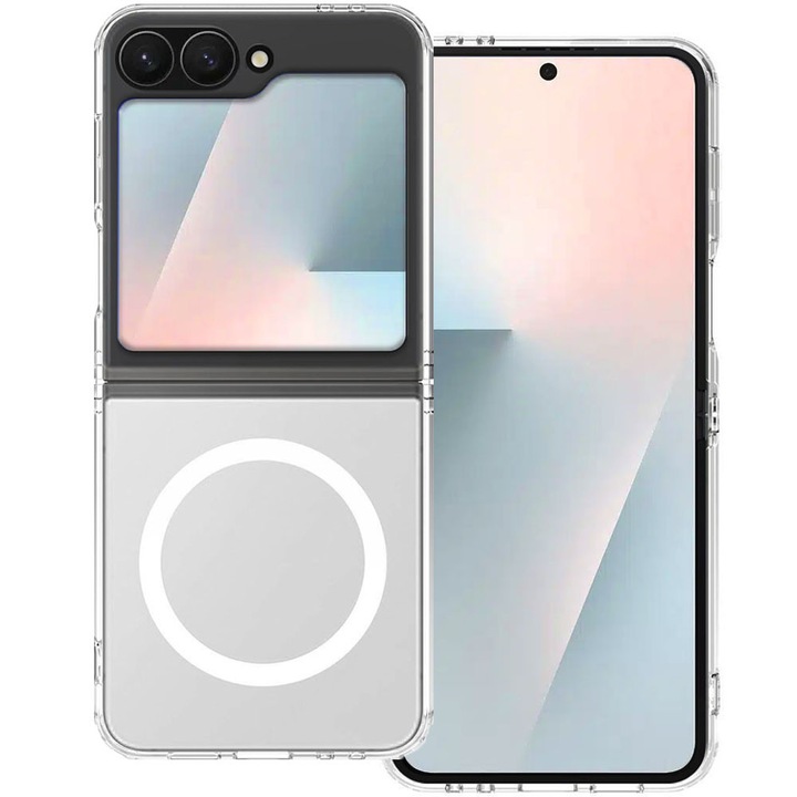 Husa pentru Samsung Galaxy Z Flip 7 FE, Spate din policarbonat, HAMSTERBOX Clear Magnet Pro, Wireless charging, Colturi aerate cu protectie antisoc, Margine de silicon, Magnetica, Perfect Fit, Transparenta