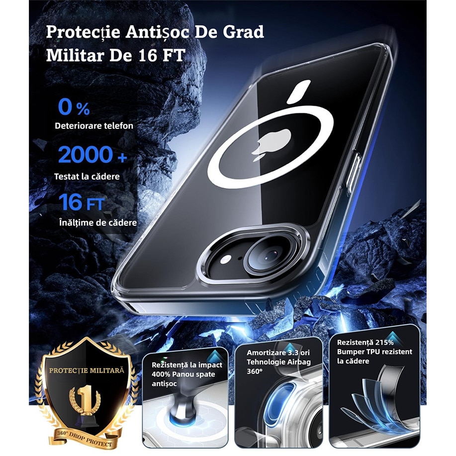 Husa de Protectie Magnetica Telefon, MOGU pentru iPhone 17e/iPhone 16e Husa Anti Shock, Compatibila cu MagSafe, Anti-ingalbenire si Anti-zgarietura, TPU, Alb Transparent