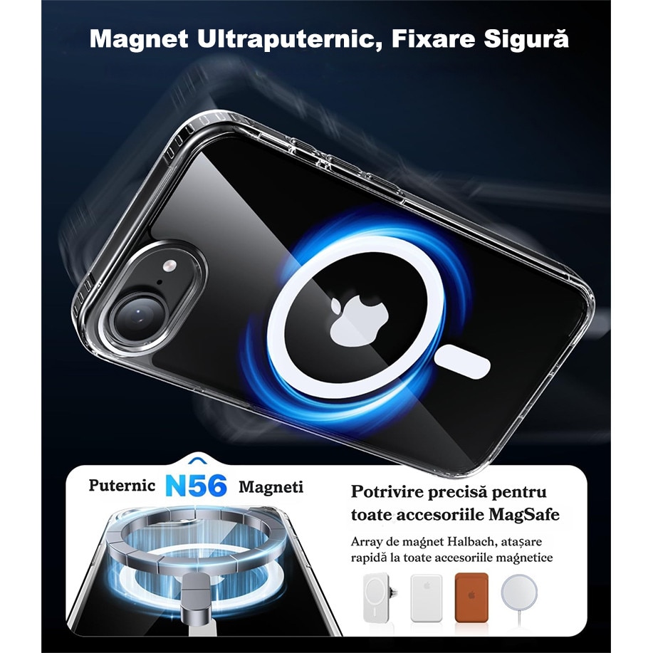 Husa de Protectie Magnetica Telefon, MOGU pentru iPhone 17e/iPhone 16e Husa Anti Shock, Compatibila cu MagSafe, Anti-ingalbenire si Anti-zgarietura, TPU, Alb Transparent