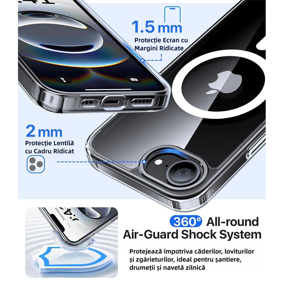 Husa de Protectie Magnetica Telefon, MOGU pentru iPhone 17e/iPhone 16e Husa Anti Shock, Compatibila cu MagSafe, Anti-ingalbenire si Anti-zgarietura, TPU, Alb Transparent