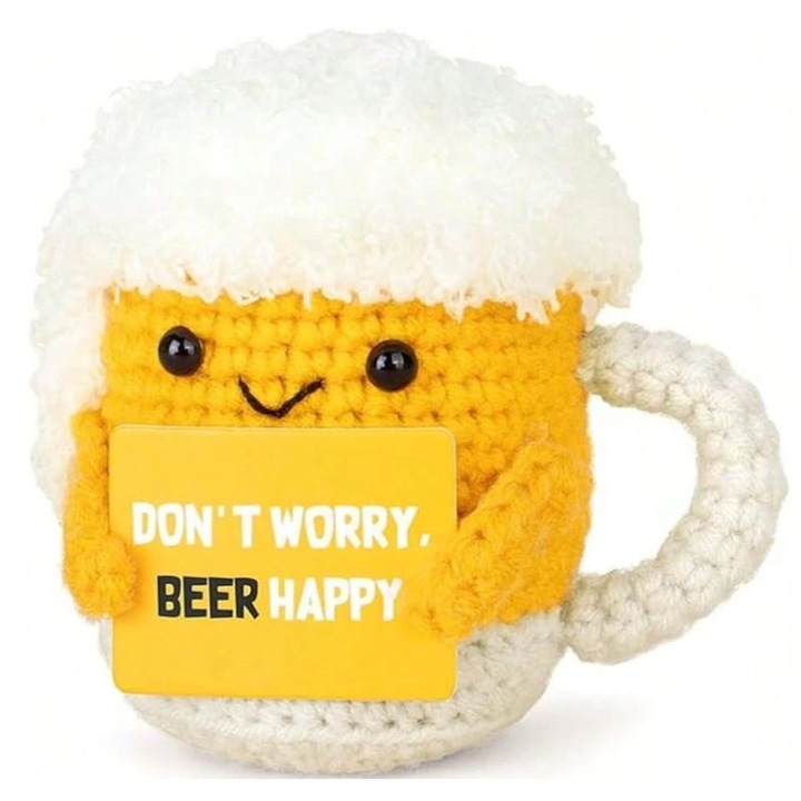 Horgolt kabala Söröskorsó, üzenet Don't Worry, Beer Happy, 10cm, dekorációs elem