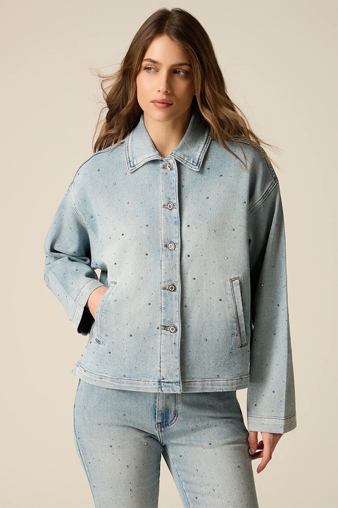 Oltre, Jacheta lejera din denim cu strasuri, Albastru pastel/Argintiu
