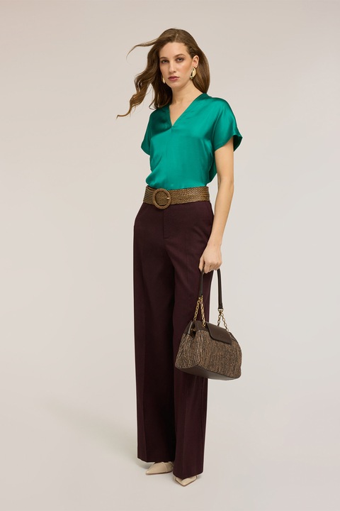 Motivi, Bluza cu decolteu in V si segment frontal din satin, Verde persan