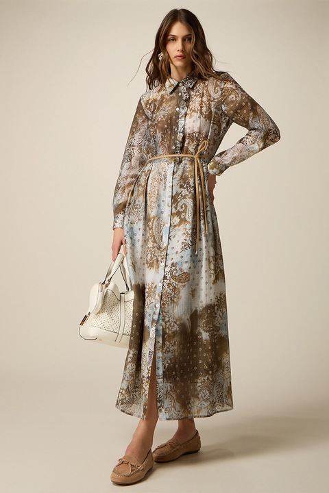 Oltre, Rochie din amestec de lyocell cu imprimeu grafic, Maro deschis/Albastru pal