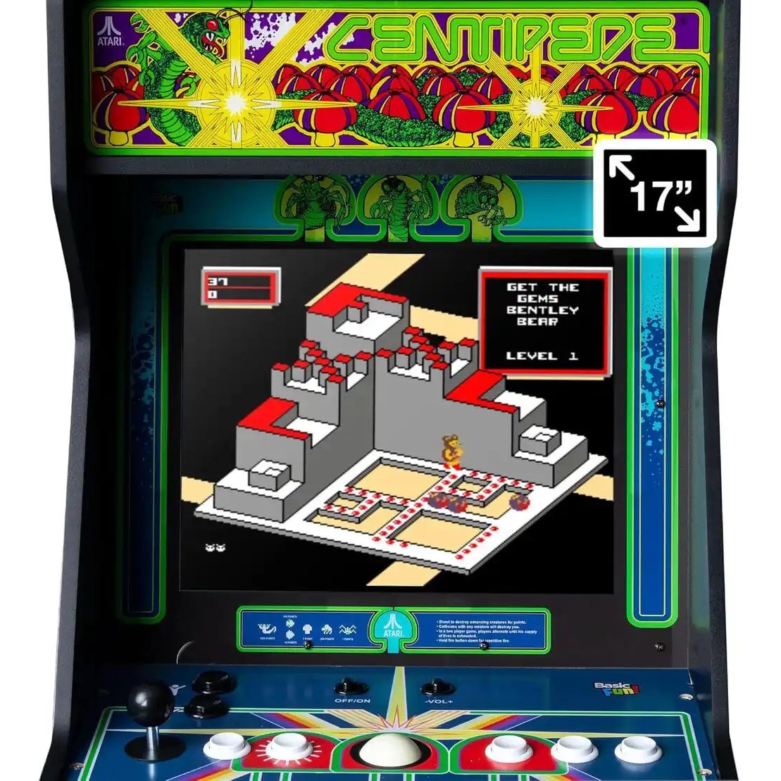 Consola verticala 40 jocuri Atari Centipede Asteroids Ultra™, ARCADE1UP, H 154 cm, destinata single player/2 players, display color 17”, 34 jocuri bonus Atari Arcade/Atari 2600, panou superior iluminare Marquee, mod Free Play fara fise, alb