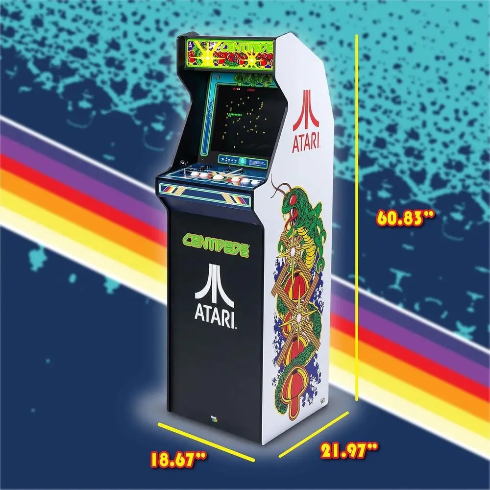 Consola verticala 40 jocuri Atari Centipede Asteroids Ultra™, ARCADE1UP, H 154 cm, destinata single player/2 players, display color 17”, 34 jocuri bonus Atari Arcade/Atari 2600, panou superior iluminare Marquee, mod Free Play fara fise, alb