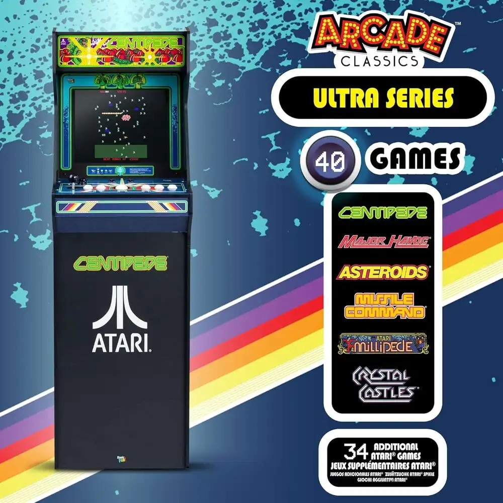Consola verticala 40 jocuri Atari Centipede Asteroids Ultra™, ARCADE1UP, H 154 cm, destinata single player/2 players, display color 17”, 34 jocuri bonus Atari Arcade/Atari 2600, panou superior iluminare Marquee, mod Free Play fara fise, alb