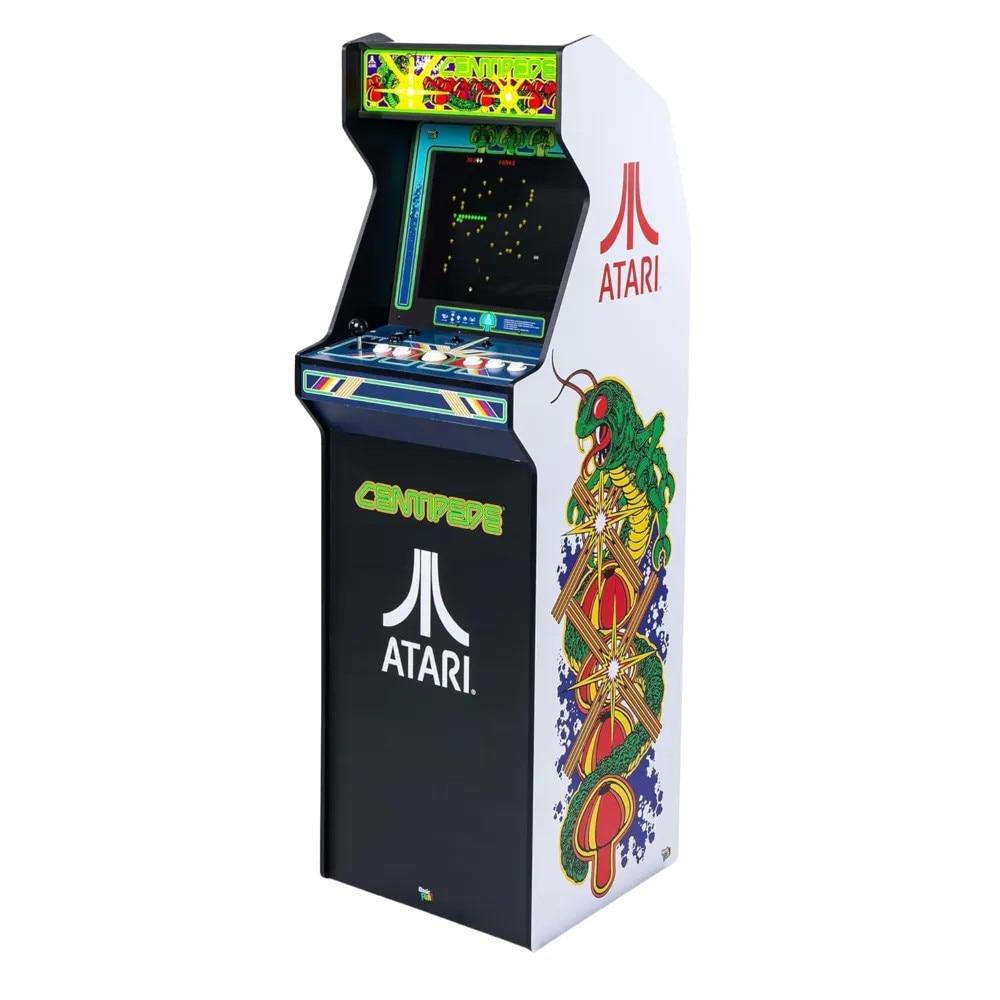 Consola verticala 40 jocuri Atari Centipede Asteroids Ultra™, ARCADE1UP, H 154 cm, destinata single player/2 players, display color 17”, 34 jocuri bonus Atari Arcade/Atari 2600, panou superior iluminare Marquee, mod Free Play fara fise, alb