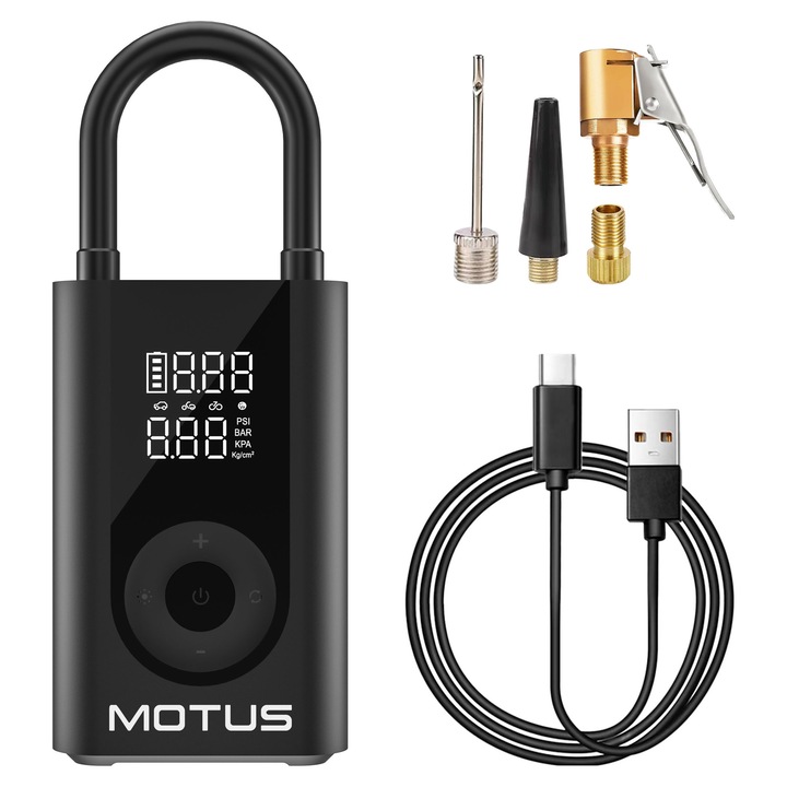 Compresor Portabil Reincarcabil Motus V2 3 in 1, Lanterna LED, Powerbank, 0-10 Bar, 4000 mAh, 25-30 L/min