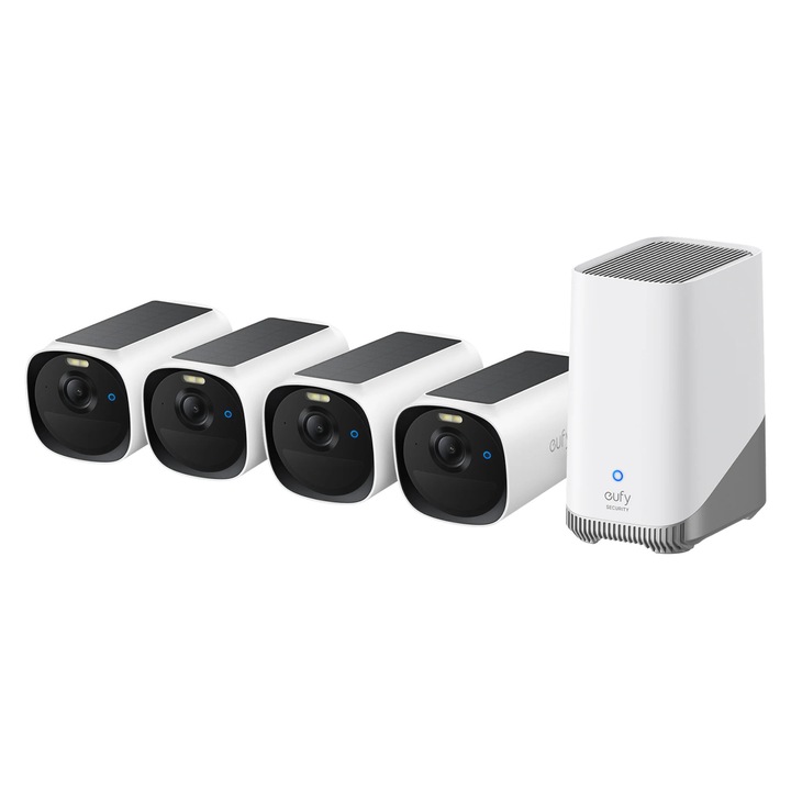 Kit supraveghere video eufyCam E40, 2K HD, Incarcare solara, MaxColour Vision, Homebase 3 + 4 camere video