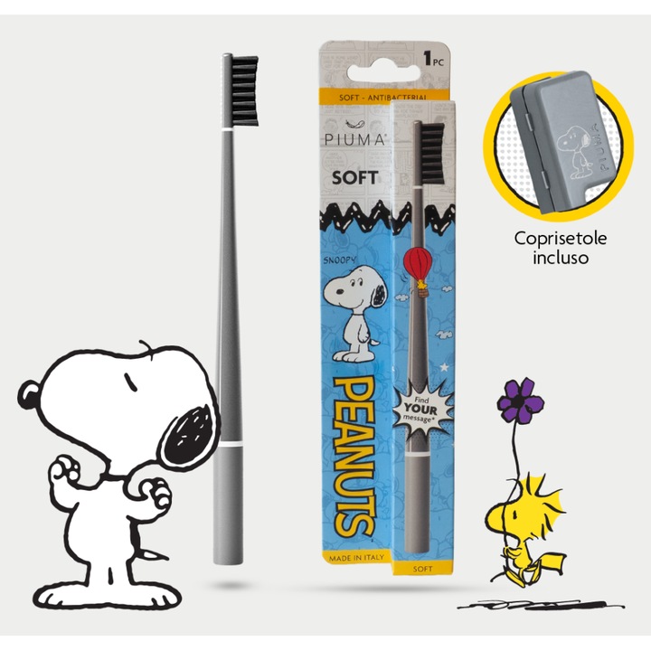 SNOOPY ANTIBACTERIALIS FOGKEFE – PEANUTS KOLLEKCIÓ Snoopy Peanuts antibakteriális fogkefe antibakteriális sörtékkel, nyelvtisztítóval és ergonomikus kialakítással