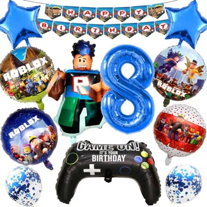 Set baloane si accesorii aniversare petrecere 8 ani, Roblox, Folie, 12 bucati, Albastru