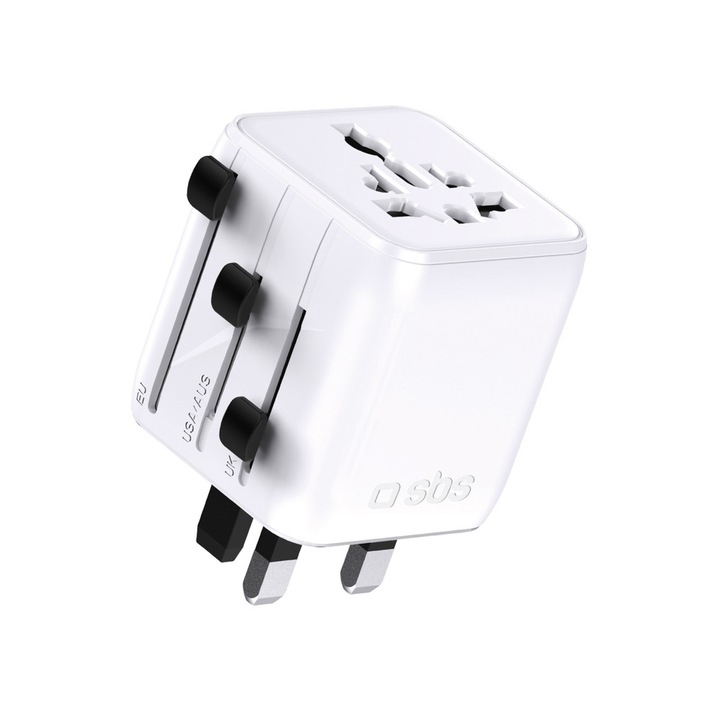 Adaptor retea SBS TEADAPTUNI, 2500W, 10A, Compatibil cu prize EU/UK/US/AU, Alb