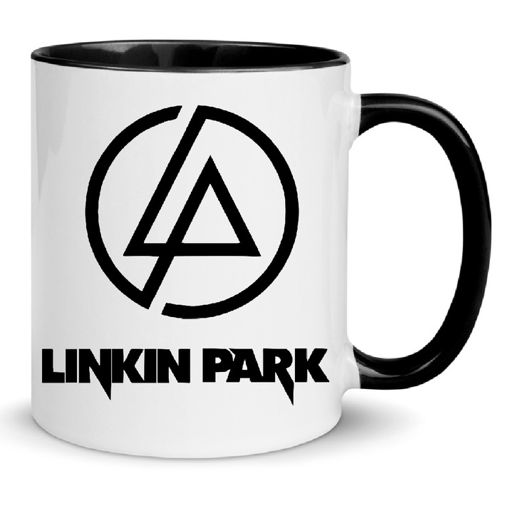 Cana Linkin Park No6, ceramica premium, 330ml, alb cu interior negru, design cu imprimeu de inalta calitate