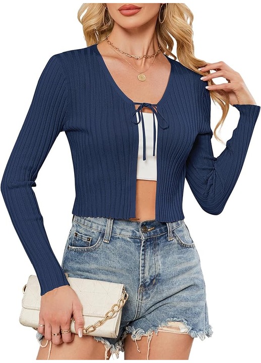 Cardigan elegant cu maneca lunga si sireturi in fata, in, Bleumarin