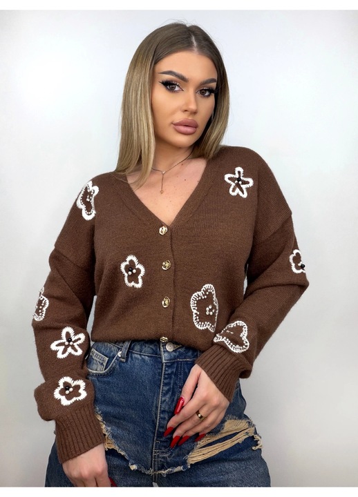 Cardigan dama Flower, maro, tricot, one size