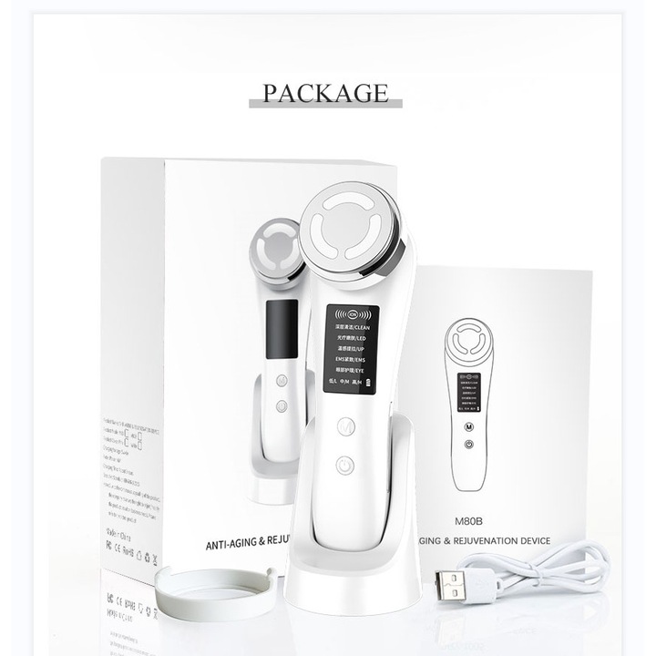 Dispozitiv Facial Multifunctional 5 in 1 TITECK™, Aparat Mezoterapie Fara Ace, Radiofrecventa RF, EMS Lifting, Terapie cu Microcurenti si LED, Rejuvenare si Curatare, 3 Trepte de Intensitate, Alb