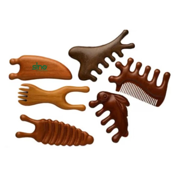 Set Profesional Gua Sha din Lemn - 6 Piese, Culoare Natur, pentru Masaj si Terapie Corporala