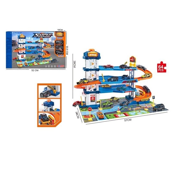 Parcare Multilevel Policie EBZMH-161, 3 etaje, 3 masini de politie, efecte luminoase si sonore, 38x36x57cm