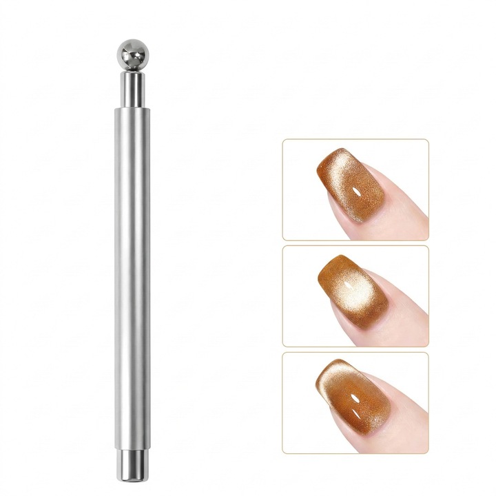 Magnet Profesional pentru Unghii Cat Eye, TITECK, Dublu cu Bila si Cap Drept, Argintiu, 10.6cm