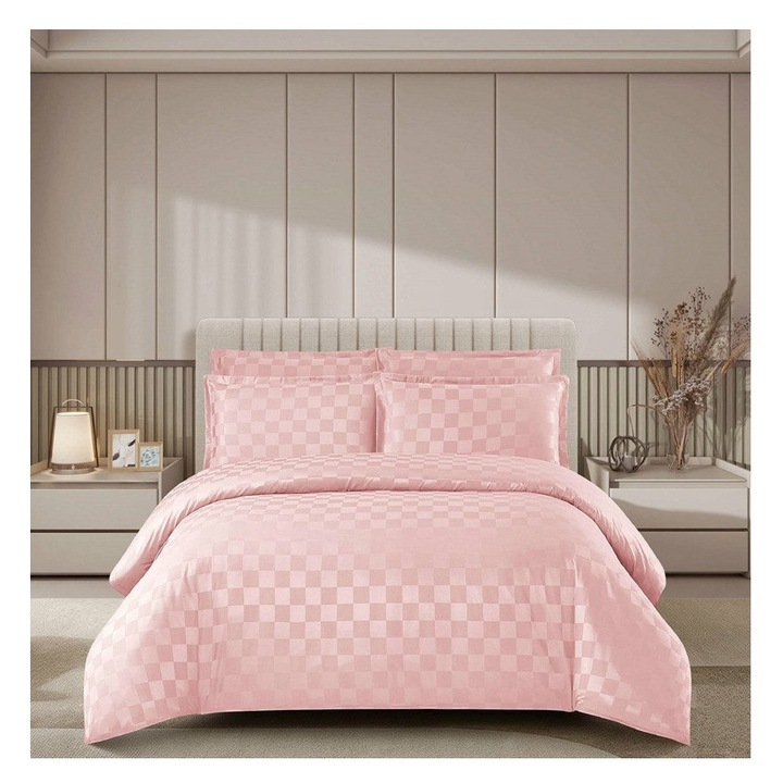 Lenjerie pentru pat dublu din damasc model patratele, cearceaf pat cu elastic 180x200 cm, husa pilota 200x230 cm, 2 fete perna 55x80 cm, cod QP09