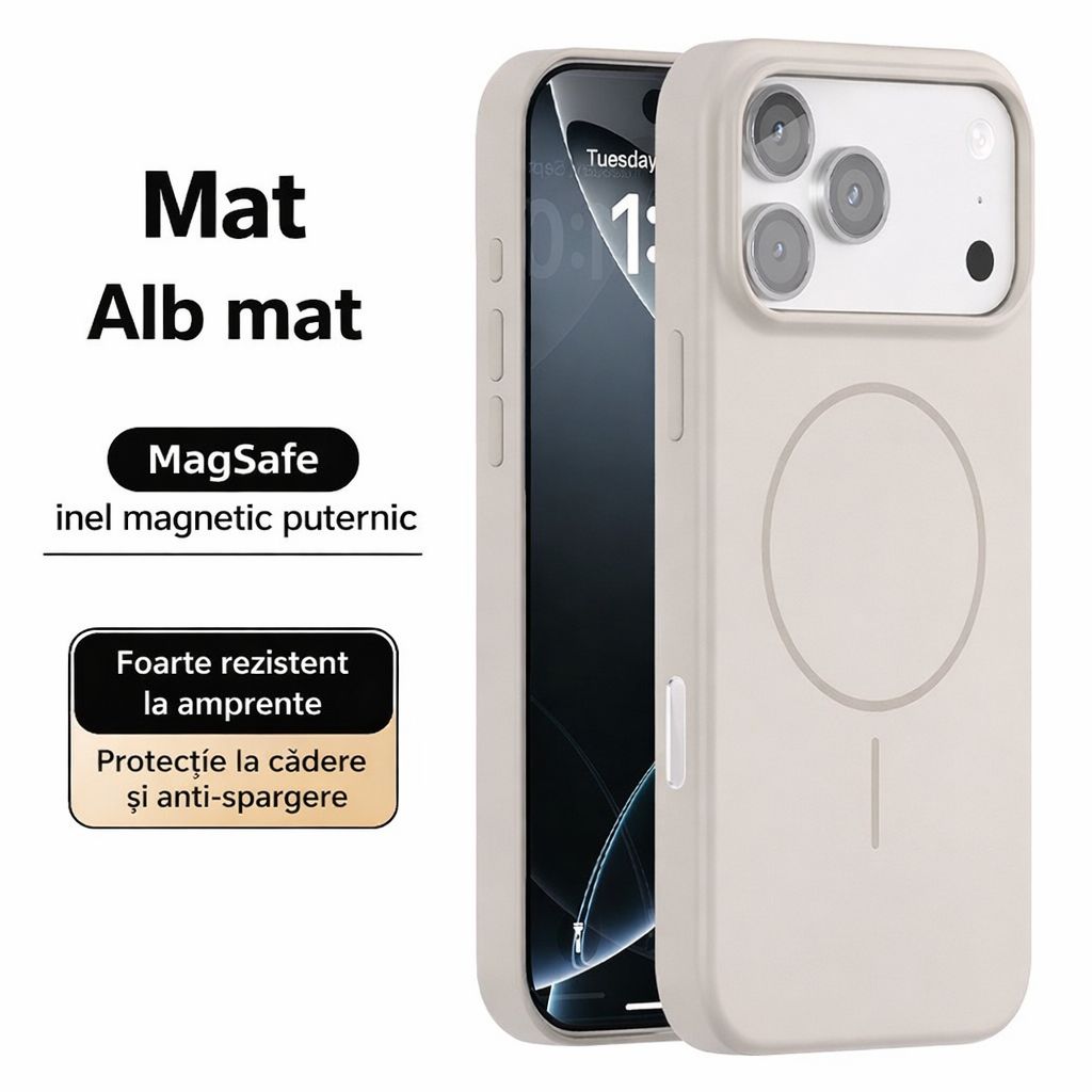 Husa pentru iPhone 17 Pro Max cu Magnet N52 Puternic, Husa MagSafe TPU + PC Anti-Soc, Protectie Camera si Ecran, Anti-Amprenta, Slim, Alb Crem