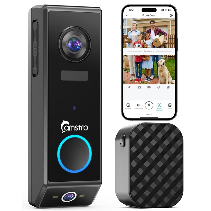 Camstro Sonerie Video Inteligenta 2K + 1080P, Audio Bidirectional, Detectare Umana, Baterie Reincarcabila 5200mAh, Suport Card TF & Stocare Cloud, Compatibila cu Alexa si Google Assistant