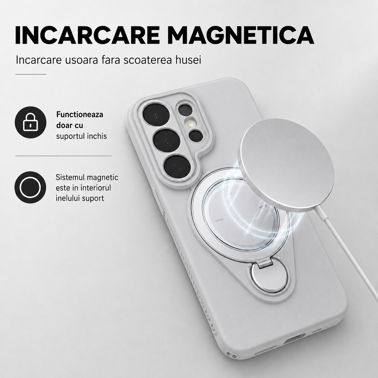 Husa pentru Samsung Galaxy S26 Ultra, Silicon, Suport Magnetic Rotativ 360 Grade, Protectie Militara, Anti-Soc, Ultra-Subtire, Gri Deschis