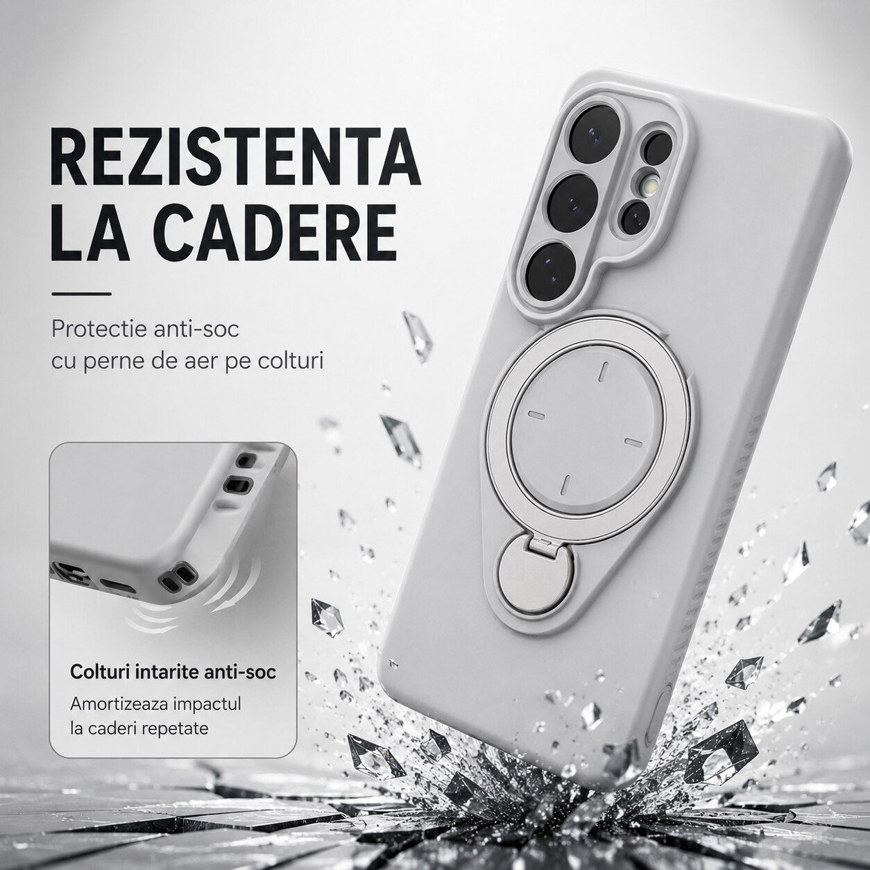 Husa pentru Samsung Galaxy S26 Ultra, Silicon, Suport Magnetic Rotativ 360 Grade, Protectie Militara, Anti-Soc, Ultra-Subtire, Gri Deschis